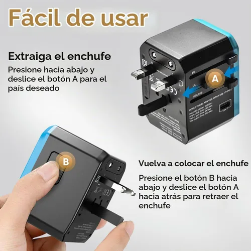 Vista 4 de Adaptador de viaje universal, adaptador de enchufe internacional Unidapt de 5.6A, alimentación inteligente 3.0A 4 USB 1 tipo C, adaptador