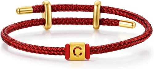 Vista 17 de ZHOU LIU FU Pulsera de Oro de 24K con Dijes de Iniciales, Pulseras Ajustables de Cadena Roja con Dijes de Letras y Corazón A-Z, Brazalete Apilable