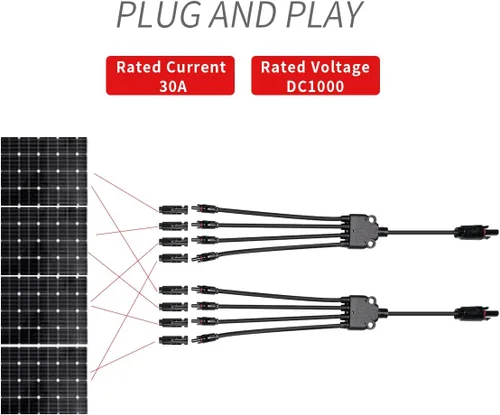 Vista 6 de ELFCULB Conector de panel solar, conectores solares Cable adaptador paralelo de rama Y, 12 pulgadas, 1 macho a 4 hembras (M/FFFF) y 1 hembra a 4