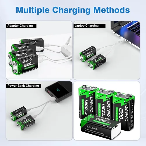 Vista 5 de Paquete de 2 baterías recargables de 9 V de 1300 mAh, baterías de iones de litio de 9 voltios de larga duración con cable de carga rápida USB-C 2