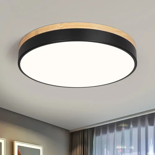 Vista 14 de Moderna lámpara de techo de madera regulable, lámpara de techo redonda negra LED empotrada, lámpara de techo minimalista para cocina, dormitorio