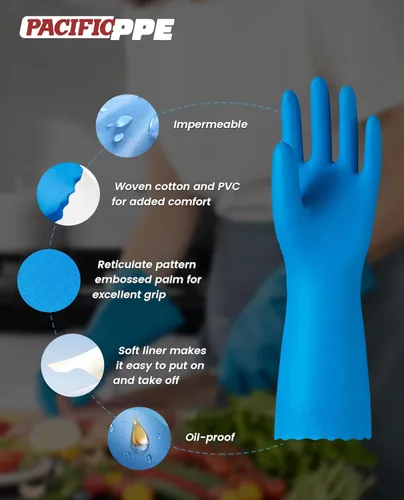 Vista 3 de PACIFIC PPE 2 pares de guantes de limpieza reutilizables para lavavajillas, hogar, cocina, forro de algodón, azul, talla S