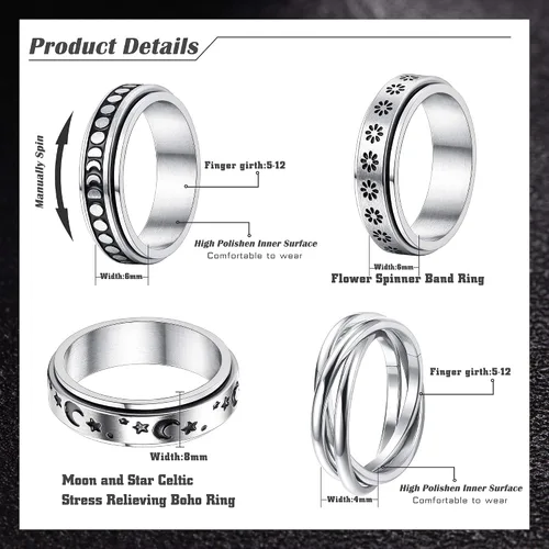 Vista 2 de FUNRUN JEWELRY Anillo de acero inoxidable para la ansiedad para mujeres y hombres, anillos giratorios de luna y estrella celta para aliviar