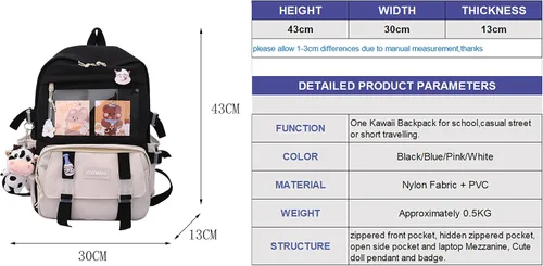 Vista 2 de Kawaii - Mochila estética para laptop, bolsa escolar de gran capacidad, bonita mochila de 17 pulgadas para niñas con insignia y colgante, Negro