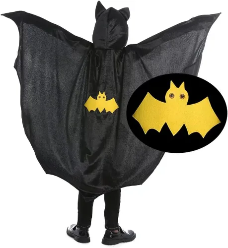 Vista 2 de OLLULL Disfraz de superhéroe para cosplay, capa de murciélago para niños y niñas, disfraz de superhéroe de Halloween, color negro