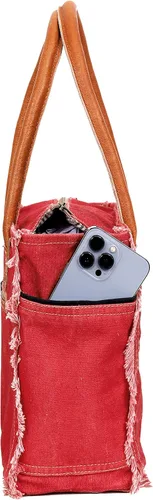 Vista 6 de Bolso de lona para mujer, bolso de hombro con asas de cuero, bolso de playa, bolso, viajes y uso diario (estampado vintage, rojo, 13 x 10 pulgadas)