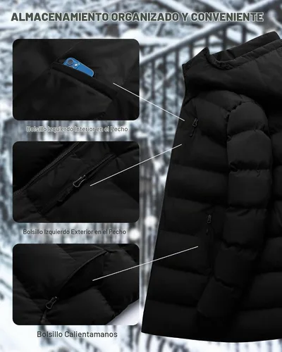 Vista 7 de Abrigo de invierno para hombre, chaqueta larga acolchada impermeable, parka de esquí, ropa exterior gruesa con capucha extraíble Negro