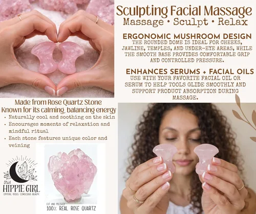 Vista 4 de Este juego de hongos Gua Sha para niña hippie, herramienta de masaje para tonificación facial de cuarzo rosa y esculpir yoga, herramientas
