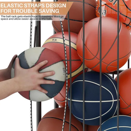 Vista 3 de Estante de almacenamiento grande para pelotas de garaje con ruedas, con asa, para baloncesto, fútbol, voleibol, garaje, gimnasio, color negro