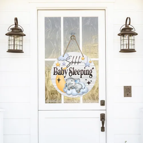 Vista 4 de Shhh Baby Sleeping - Letrero para puerta delantera, elefante, luna, nube, estrellas, colgador de puerta de madera, decoración de dormitorio