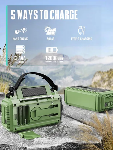 Vista 4 de Radio de emergencia de 12000 mAh - Alerta meteorológica AUTO NOAA, manivela solar AM/FM/SW/NOAA, linterna, cargador de teléfono, sirena SOS, kit