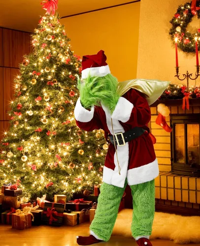 Vista 4 de Saiksi Disfraz de monstruo verde para adulto, disfraz de Papá Noel peludo verde navideño para hombre, 9 piezas divertido traje de Papá Noel