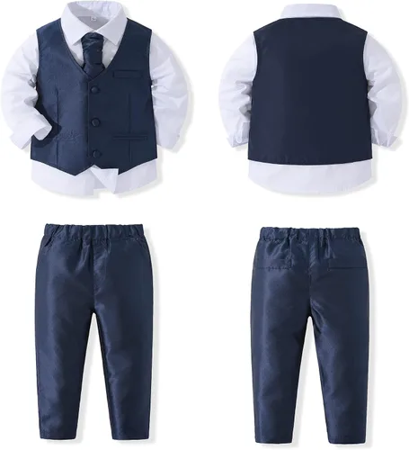 Vista 2 de Kimocat Ropa para bebé niño, traje de caballero esmoquin de manga larga con chaleco, traje de boda, traje de fiesta de cumpleaños Azul 3