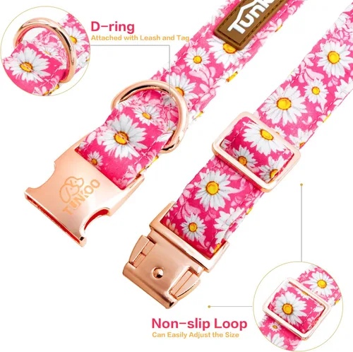 Vista 3 de Tunkoo Pink Daisy - Collar para perro con corbata de lazo de flores, collar ajustable de algodón de alta calidad, hebilla de metal duradera