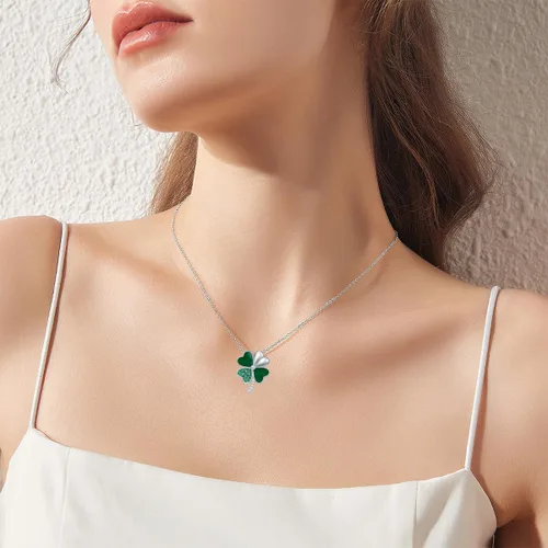 Vista 3 de Collar de trébol del día de San Patricio, irlandés, trébol de cuatro hojas, collares de trébol para mujer, plata de ley 925, a la moda, verde