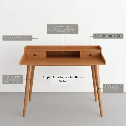 Vista 6 de Escritorio moderno de mediados de siglo, escritorio de madera para oficina en casa de 41 pulgadas, escritorio para computadora o computadora