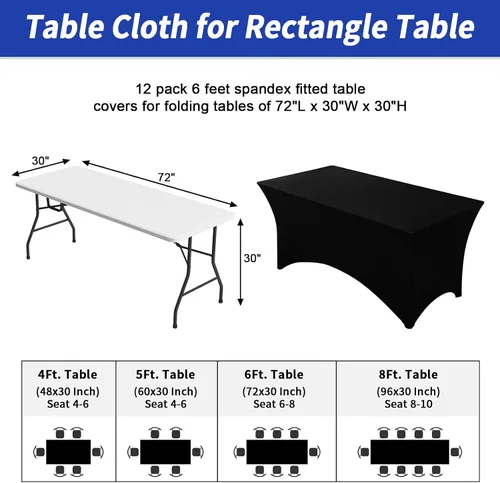 Vista 3 de Fixwal Paquete de 12 Cubiertas de Mesa de Spandex Negro para Mesas de 6 Pies, Fundas de Mesa Rectangulares Ajustadas Elásticas para Bodas