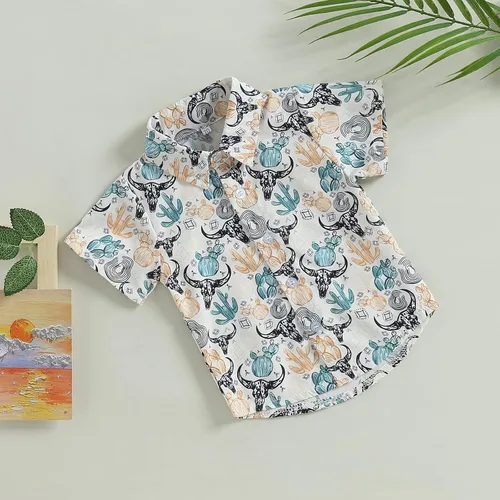 Vista 6 de Ropa occidental para bebé, camisas con estampado de vaca, manga corta, botones y cuello de solapa, camiseta de verano 6M-4T