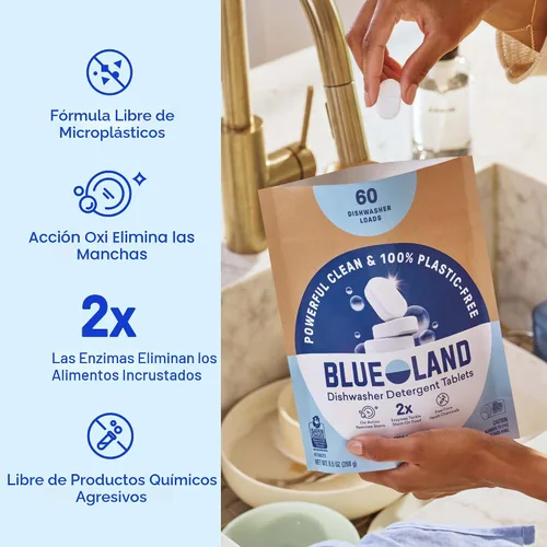 Vista 3 de BLUELAND - Tabletas de detergente para lavavajillas 100% libres de plástico, 60 unidades, libres y transparentes, ecológicas, cortan la grasa y se