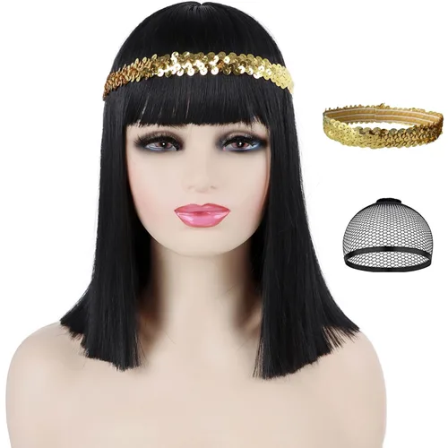 Vista 80 de Peluca de cosplay estilo Bob azul oscuro + horquilla de libélula + collar para fiesta, disfraz de Halloween, peluca de mujer
