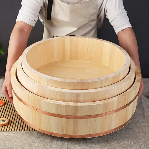 Vista 5 de Tina grande de madera japonesa Hangiri Sushi Arroz Mezclador para Sushi Restaurante Sushi 23 pulgadas/23.6 in Diámetro