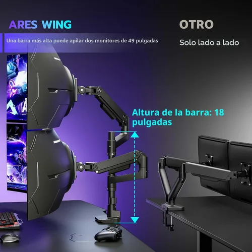 Vista 3 de ARES WING Soporte de escritorio con brazo de doble monitor para monitores ultraanchos de 17 a 49 pulgadas, soporte de monitor doble resistente