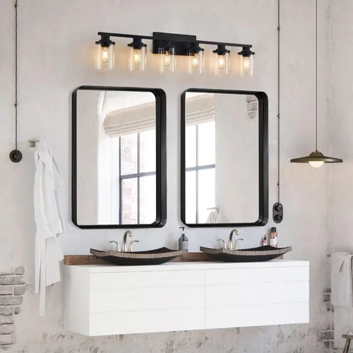Vista 6 de 6 Luces de Tocador de Baño de Negro Mate con Vidrio Transparente y Base de Metal, Luces de Tocador Negras para Baño Sobre Espejo