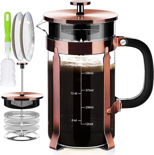 Vista 10 de YMMIND - Cafetera de prensa francesa de 34 onzas, cafetera de espresso de 5 tazas, cafetera de cobre para café frío con resistencia al calor y Ámbar