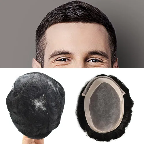 Vista 10 de Toupee para hombre pieza de cabello humano fino mono tupé piel de poliéster transparente alrededor de la pieza para hombres sistema de reemplazo
