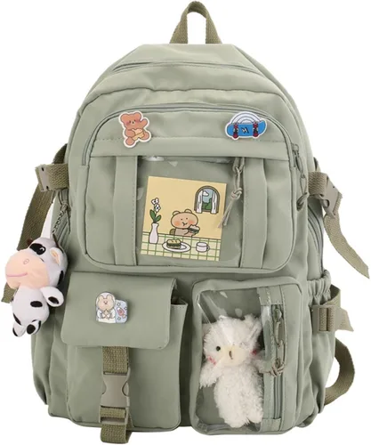 Vista 11 de Mochila Kawaii con lindos accesorios con colgante de pasador de viaje, bolsa grande para portátil al aire libre, impermeable, casual, mochila