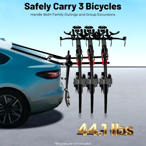 Vista 3 de Soporte de bicicleta de coche para 3 bicicletas, con correas ajustables para maletero, se pliega para almacenamiento, compatible con la mayoría