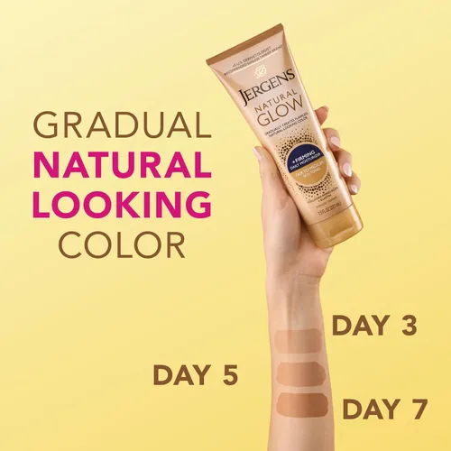 Vista 4 de Jergens Natural Glow +Loción corporal autobronceadora reafirmante, tono de piel claro a medio, hidratante bronceador sin sol con colágeno