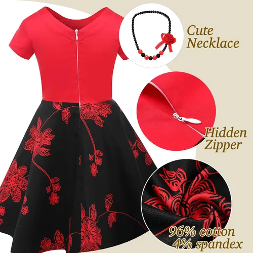 Vista 6 de Tao-Ge Vestido vintage de lunares para niñas, vestidos de fiesta retro de los años 50, vestido de fiesta con vuelo, talla 6-12 con collar