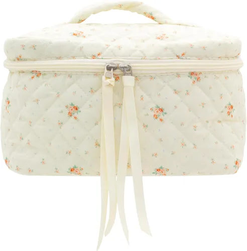 Vista 16 de PAZIMIIK - Bolsa de maquillaje de algodón para mujer, grande, acolchada para viaje, Rosa (Bow Pink), Vintage