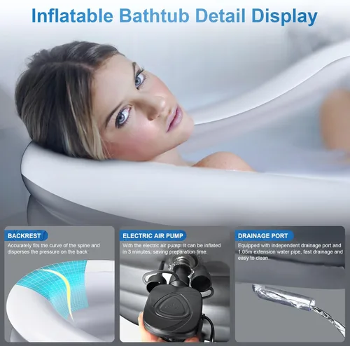 Vista 3 de BINYUAN Bañera inflable para adultos – Tina de hidromasaje plegable portátil con bomba eléctrica, diseño de baño caliente y hielo, plegable para 1-2