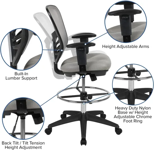 Vista 4 de Flash Furniture Silla de dibujo ergonómica de malla gris claro con anillo de pie cromado ajustable, brazos ajustables y marco negro Malla gris
