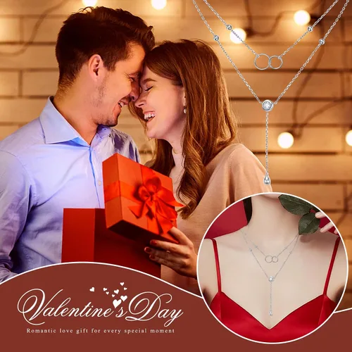 Vista 3 de FLYOW Regalos de Navidad, collar en capas de plata de ley S925 con lágrima, doble gargantilla Y Lariat, collar largo, regalos de cumpleaños