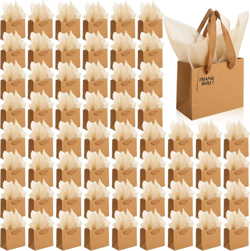 Vista 20 de Qilery 50 bolsas de regalo de papel de boda a granel con papel de seda, pequeñas bolsas de regalo con asa y etiquetas para cumpleaños, bodas