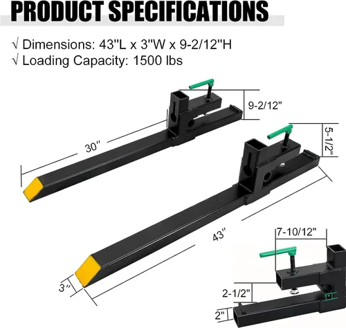 Vista 2 de Horquillas para paletas, abrazadera máxima de 43 pulgadas y 1500 libras en horquillas de tractor, accesorio de carga frontal resistente