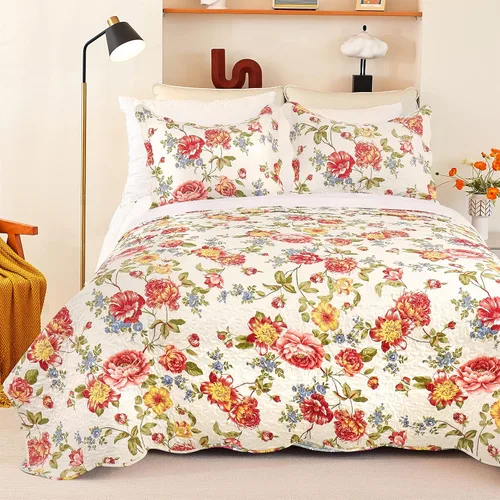 Vista 21 de Cmfshape - Juego de cama con edredón acolchado floral de verano tamaño king, juego de colcha rosa romántico, cubrecama reversible cosido para todas