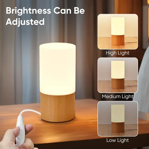 Vista 3 de LONRISWAY Lámpara de mesa de madera LED pequeña, luz de noche de noche para dormitorio, iluminación LED regulable, decoración creativa