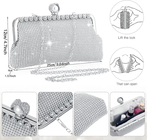 Vista 3 de Bolso de mano para mujer, bolso de noche con diamantes de imitación y purpurina de doble cara con cadena, bolso cruzado de hombro para fiesta