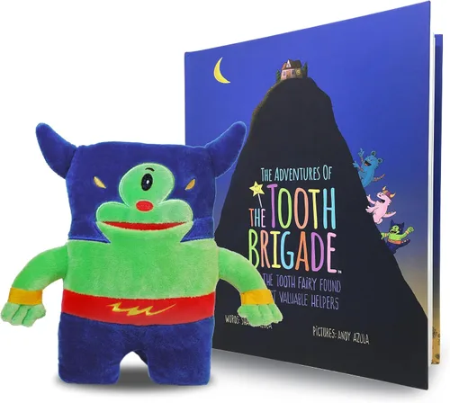 Vista 11 de Juego de almohada y libro de hadas de dientes de monstruo azul, felpa de 8 pulgadas con bolsillo para dientes perdidos y libro de cuentos de tapa
