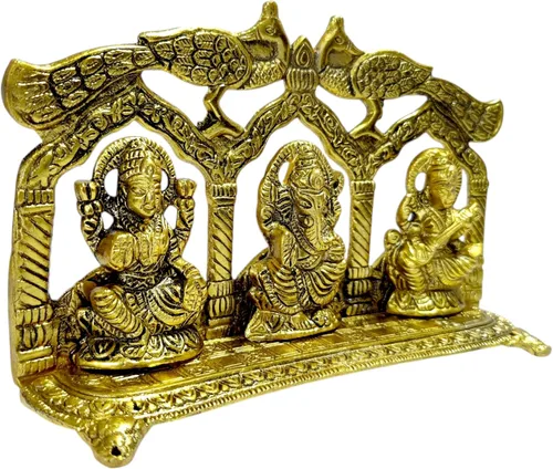 Vista 4 de Lakshmi Ganesha Saraswati ídolo con pavo real hecho de metal Laxmi Ganesh lámpara de aceite estatua tradicional religiosa estatua religiosa casa