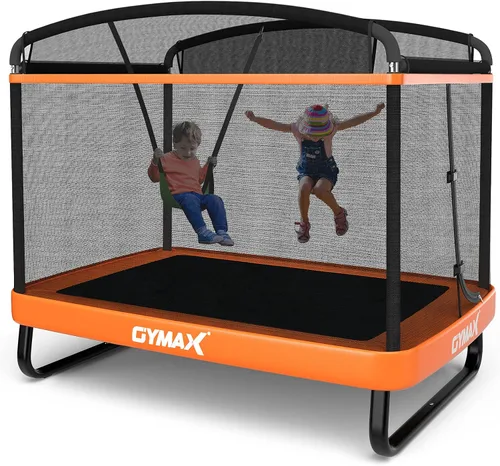 Vista 10 de GYMAX Trampolín para niños de 6 pies con columpio, cama elástica rectangular recreativa aprobada por ASTM con red de seguridad, para interiores