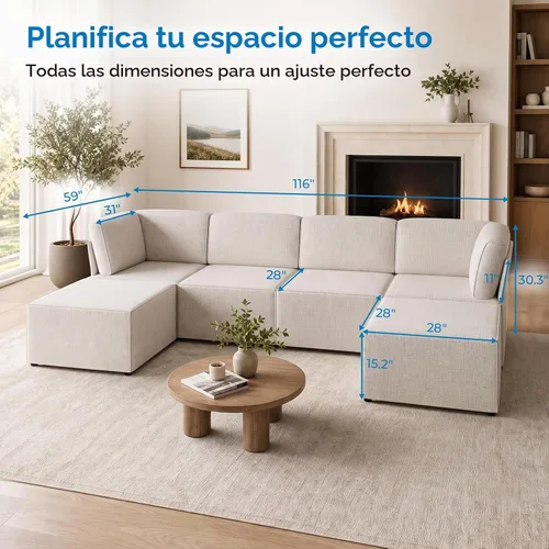 Vista 2 de Mjkone Sofá modular modular de 116 pulgadas para apartamentos y espacios pequeños, moderno sofá de 6 asientos profundos con espuma viscoelástica