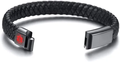 Vista 4 de VNOX Pulsera médica para hombres Pulsera de cuero genuino de acero inoxidable con alerta médica para hombres y mujeres, 8.3 pulgadas