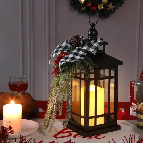 Vista 3 de Decoraciones de Navidad Farol de Navidad, Decoración Navideña Faroles de Velas, Farol de Vela Sin Llama de 14 Pulgadas, Patios Exteriores