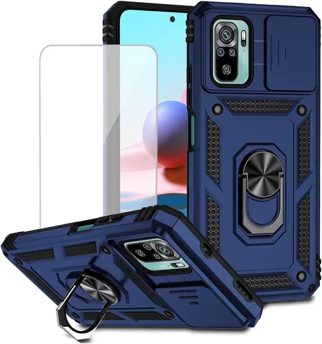 Vista 11 de Funda para Redmi Note 10/Redmi Note 10S/Poco M5S con protector de pantalla de vidrio templado y cubierta de cámara deslizante, anillo magnético Negro