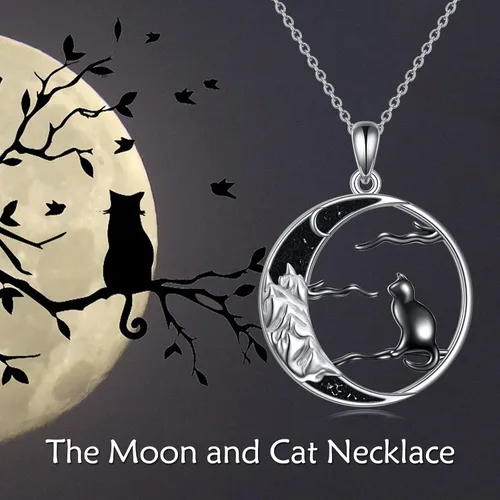 Vista 6 de Collar de gato negro para mujer, plata esterlina, luna celta, regalo de joyería de gato